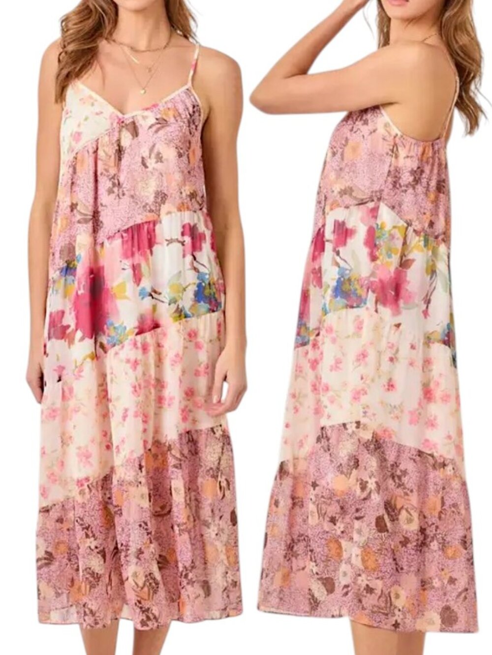 Mystree Pink Floral Mixed Print Tiered Midi V-Neck Dress Women's Size S